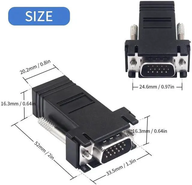 Alt view image 3 of 6 - 4 Pack VGA to RJ45 Extender Adapter, 15Pin VGA Male to CAT5 CAT6 Female Ethernet Video Transmitter Receiver for Multimedia Video Extension