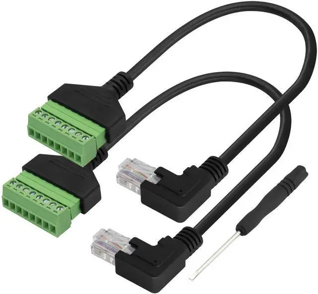 Main image of 2 Pack 30cm Right Angle 90 Degree RJ45 Male to 8 Pin Screw Terminal Adapter Cable, Solderless Cat5 Cat6 Ethernet Terminal Block Cord for DVR CCTV Network Wiring