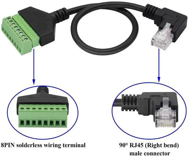Alt view image 3 of 7 - 2 Pack 30cm Right Angle 90 Degree RJ45 Male to 8 Pin Screw Terminal Adapter Cable, Solderless Cat5 Cat6 Ethernet Terminal Block Cord for DVR CCTV Network Wiring