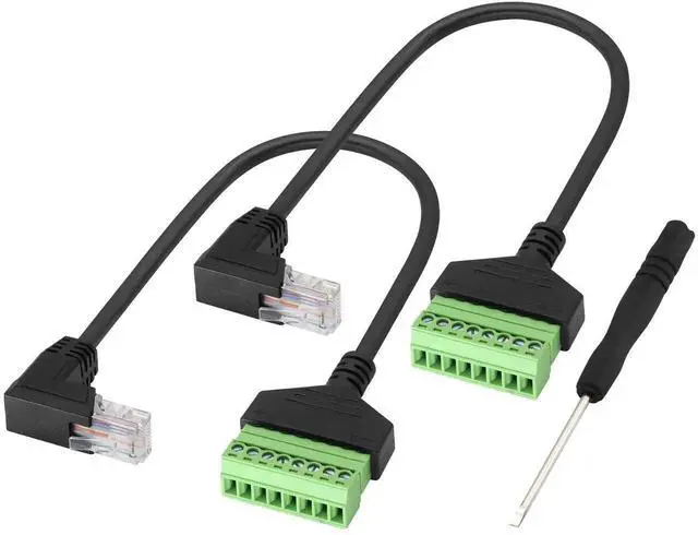 Main image of 2 Pack 30cm Up Bend 90 Degree RJ45 Male to 8 Pin Screw Terminal Cable, Cat5 Cat6 Cat7 Solderless Ethernet Terminal Block Adapter Cord for CCTV DVR Network Wiring