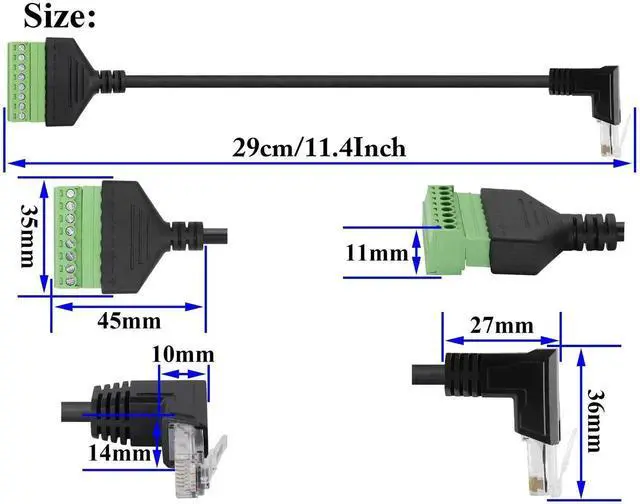 Alt view image 3 of 7 - 2 Pack 30cm Up Bend 90 Degree RJ45 Male to 8 Pin Screw Terminal Cable, Cat5 Cat6 Cat7 Solderless Ethernet Terminal Block Adapter Cord for CCTV DVR Network Wiring