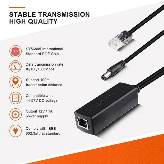 Alt view image 3 of 7 - 48V to 12V Gigabit PoE Splitter Adapter, IEEE 802.3af/at Compliant 10/100/1000Mbps PoE Injector Splitter with 5.5x2.1mm DC Jack for CCTV Camera VoIP Phone