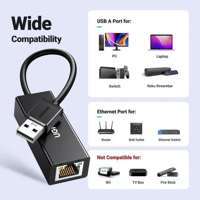 Alt view image 6 of 7 - UGREEN USB to Ethernet Adapter, 10/100Mbps RJ45 Wired LAN Dongle with AX88772D Chip Compatible with MacBook Chromebook Windows macOS Linux Nintendo Switch