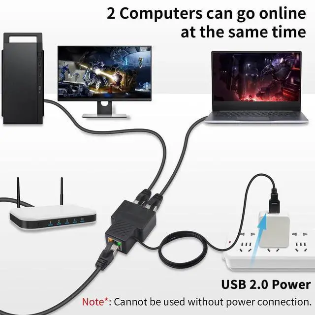 Alt view image 7 of 7 - RJ45 Ethernet Splitter Adapter, 1 In 2 Out Network Extension Connector Compatible Cat5 Cat5e Cat6 Cat7 for Router TV Box PC Laptop Dual Devices Simultaneous Networking