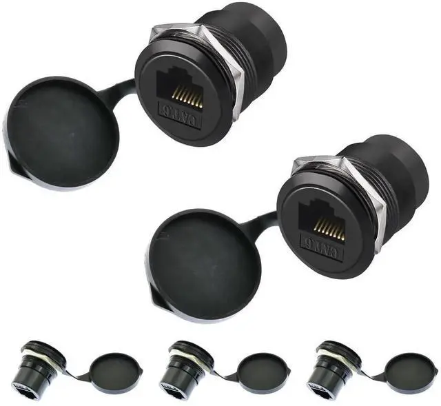 Main image of 5-Pack Black CAT6 RJ45 Female to Female Panel Mount Coupler, 10Gbps Ethernet Pass Through Bulkhead Connector with Waterproof Dust Cover for XLR D Panel Installation