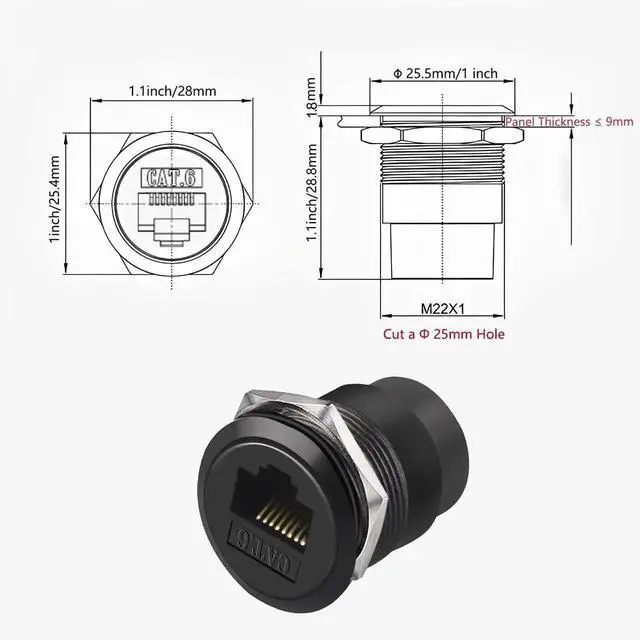 Alt view image 3 of 6 - 5-Pack Black CAT6 RJ45 Female to Female Panel Mount Coupler, 10Gbps Ethernet Pass Through Bulkhead Connector with Waterproof Dust Cover for XLR D Panel Installation