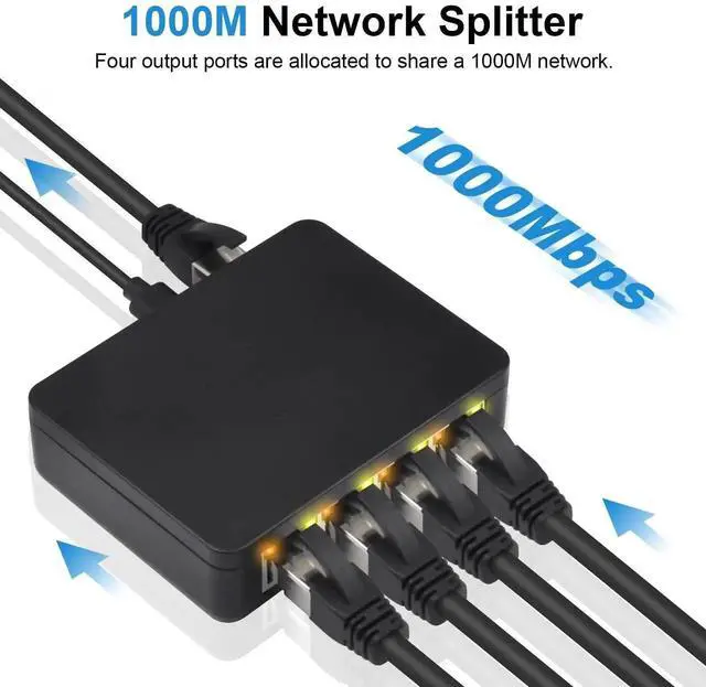 Alt view image 3 of 7 - 1 to 4 Port Gigabit Ethernet Splitter, 1000Mbps High Speed RJ45 Network Splitter with USB Power Cable Compatible Cat5 Cat6 Cat7 Support 4 Devices Simultaneous Networking