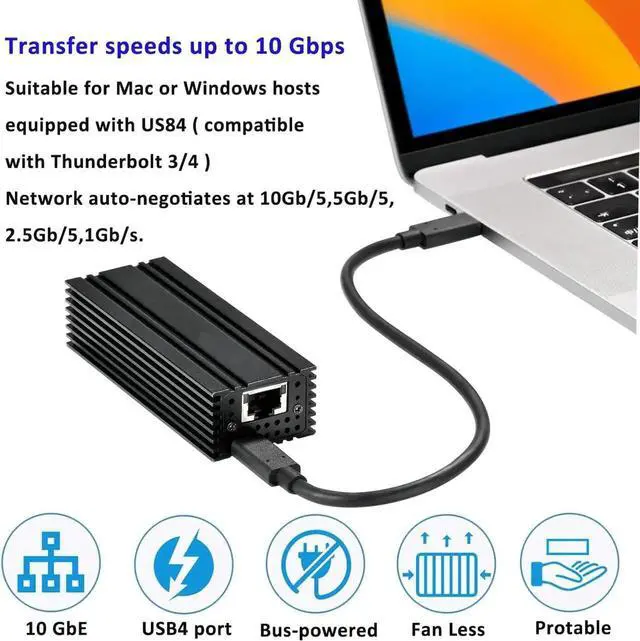 Alt view image 4 of 5 - USB4 Type-C to 10G Ethernet Adapter, Multi-Speed RJ45 Network Dongle Support 10G/5G/2.5G/1G/100Mbps Base-T High Speed Network Converter