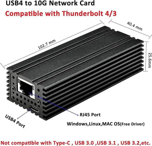 Alt view image 2 of 5 - USB4 Type-C to 10G Ethernet Adapter, Multi-Speed RJ45 Network Dongle Support 10G/5G/2.5G/1G/100Mbps Base-T High Speed Network Converter