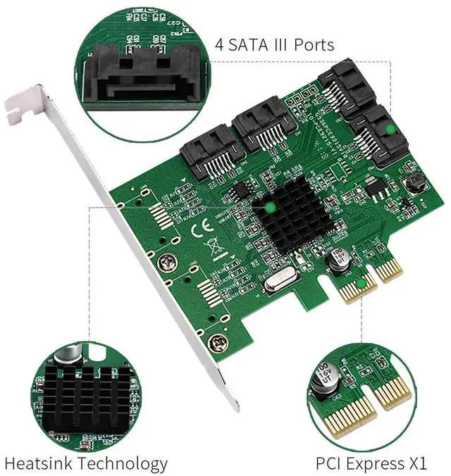 Alt view image 6 of 7 - 4 Port PCIe x1 SATA 3.0 Expansion Card 6Gbps Marvell 9215 Controller Card with Low Profile Bracket Support Windows Linux System