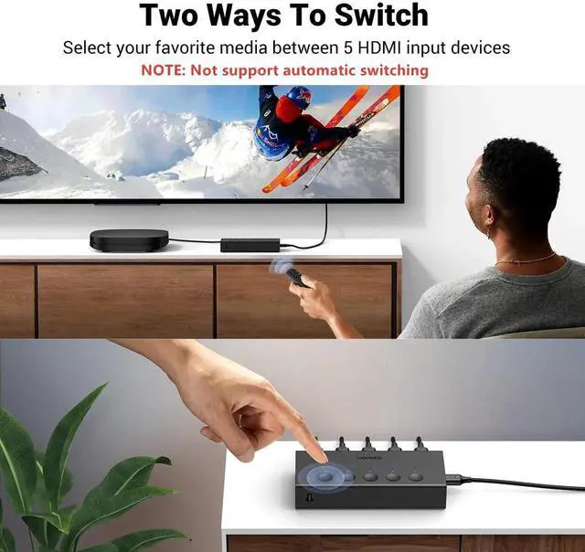 Alt view image 5 of 7 - UGREEN 5Port HDMI Switch 5 in 1 Out 4K@60Hz, HDMI Switcher Splitter with Remote Control, Supports 3D CEC HDR HDCP2.2, Compatible with PS5 PS4 PS3 Xbox Nintendo Switch Roku TV Fire Stick
