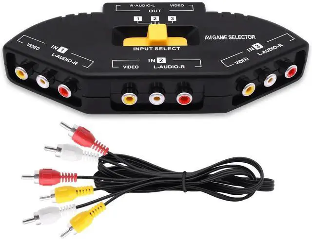 Main image of 3Way RCA AV Audio Video Switcher Splitter, 3 in 1 Out Composite AV RCA Game Selector Box Converter with AV Cable, Compatible with Xbox, DVD, PS3, HDTV