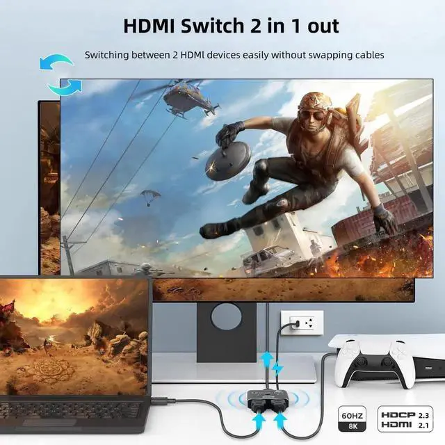 Alt view image 7 of 7 - 8K HDMI 2.1 BiDirectional Switch Splitter 2 in 1 Out, Aluminum HDMI Switcher Supports 8K@60Hz 4K@120Hz 48Gbps HDR10+ Dolby VRR 3D, Compatible with TV PS5 PS4 Xbox Laptop PC Projector