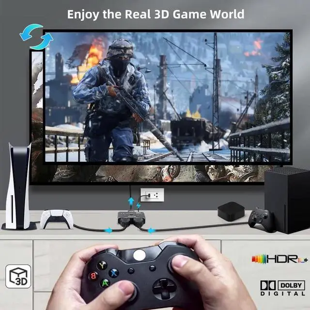 Alt view image 3 of 7 - 8K HDMI 2.1 BiDirectional Switch Splitter 2 in 1 Out, Aluminum HDMI Switcher Supports 8K@60Hz 4K@120Hz 48Gbps HDR10+ Dolby VRR 3D, Compatible with TV PS5 PS4 Xbox Laptop PC Projector