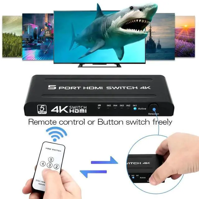 Alt view image 6 of 6 - 4K HDMI Switch 5 in 1 Out, 5Port HDMI Switcher Selector Box with IR Remote & AutoSwitch Function, Supports 4K@30Hz HDR HDMI 1.4 HDCP 3D 1080P, Compatible with HDTV PS3 PS4 Xbox Projector Bluray Pla