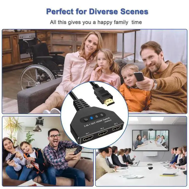 Alt view image 4 of 7 - 3Port HDMI Switch 3 in 1 Out 4K@60Hz, HDMI Splitter Switcher Selector with Pigtail Cable, Supports 3D HDCP2.2 HDR, Compatible with Laptop Xbox BluRay Player