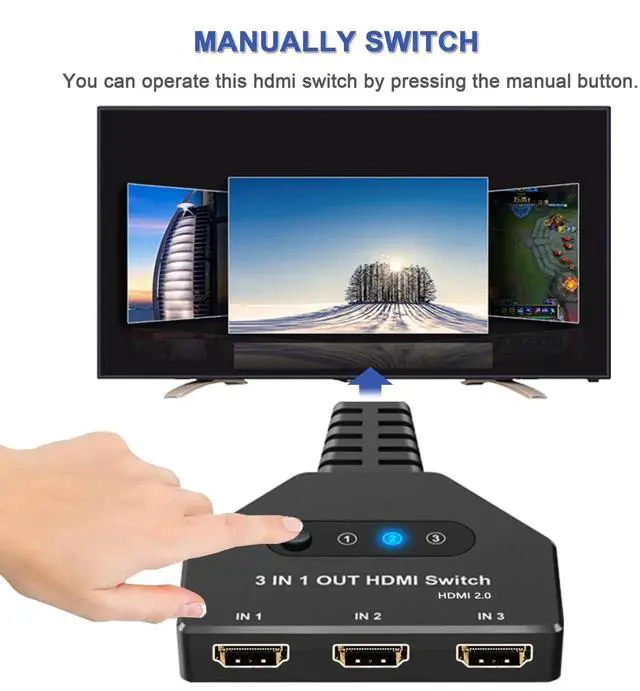 Alt view image 3 of 7 - 3Port HDMI Switch 3 in 1 Out 4K@60Hz, HDMI Splitter Switcher Selector with Pigtail Cable, Supports 3D HDCP2.2 HDR, Compatible with Laptop Xbox BluRay Player