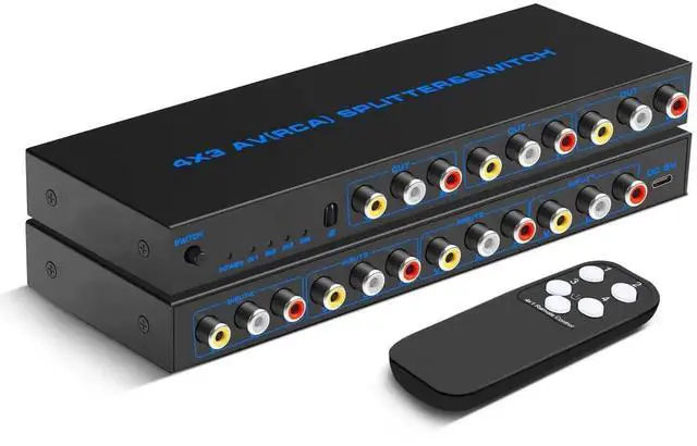 Main image of 4 in 3 Out RCA Switch Box with Remote Control, 4Way AV Splitter Composite Video L/R Audio Selector Box for Audio Video Distribution, Compatible with DVD STB Game Consoles