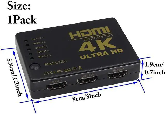 Alt view image 6 of 7 - HDMI 1.4 5Port Switcher with IR Remote Control & Power Supply, 5 in 1 Out 4K 1080P HD Video HDMI Switch, Compatible with HDTV SetTop Boxes DVD Players (1 Pack)