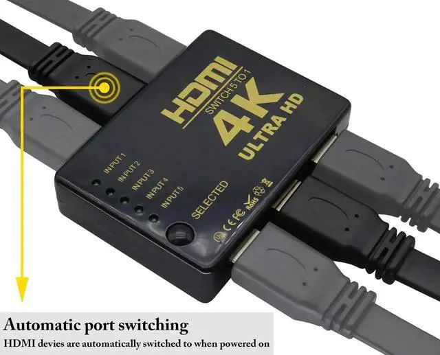 Alt view image 7 of 7 - HDMI 1.4 5Port Switcher with IR Remote Control & Power Supply, 5 in 1 Out 4K 1080P HD Video HDMI Switch, Compatible with HDTV SetTop Boxes DVD Players (1 Pack)