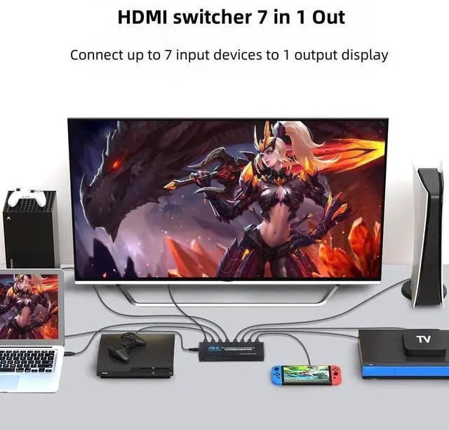 Alt view image 3 of 7 - 7Port HDMI Switch 7 in 1 Out 4K@60Hz, HDMI 2.0 Switcher Selector Box with IR Remote Control, Supports Dolby Vision Atmos HDR10, Compatible with TV Box Switch PS5 PS4 Roku Fire Stick