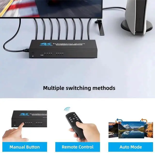 Alt view image 7 of 7 - 7Port HDMI Switch 7 in 1 Out 4K@60Hz, HDMI 2.0 Switcher Selector Box with IR Remote Control, Supports Dolby Vision Atmos HDR10, Compatible with TV Box Switch PS5 PS4 Roku Fire Stick