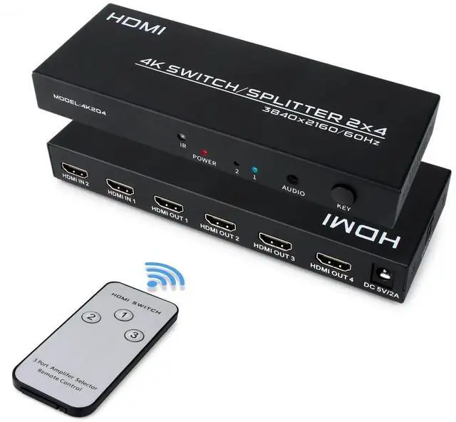 Main image of 2 in 4 Out 4K@60Hz HDMI Matrix Switch Splitter with Remote Control, HDMI 2.0 2x4 HDMI Switcher with 3.5mm & SPDIF Audio Output, Supports 4K HDR 3D HDCP 2.2, Compatible with PC Laptop PS4 Xbox HDTV