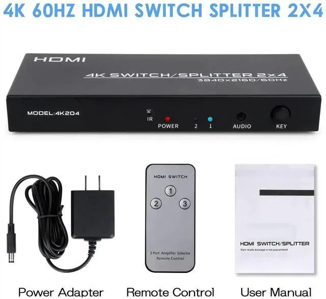 Alt view image 6 of 6 - 2 in 4 Out 4K@60Hz HDMI Matrix Switch Splitter with Remote Control, HDMI 2.0 2x4 HDMI Switcher with 3.5mm & SPDIF Audio Output, Supports 4K HDR 3D HDCP 2.2, Compatible with PC Laptop PS4 Xbox HDTV