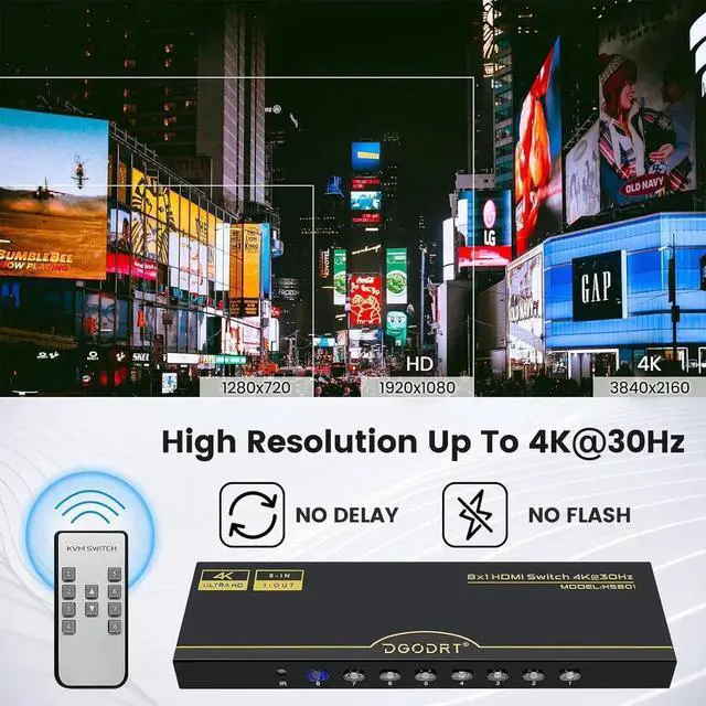 Alt view image 3 of 6 - 8×1 HDMI Switch 8 in 1 Out, 8Port 4K HDMI Switcher Selector Box with IR Remote, Supports 4K@30Hz HDR HDCP 3D 1080P, Compatible with Xbox PS4 PC Laptop