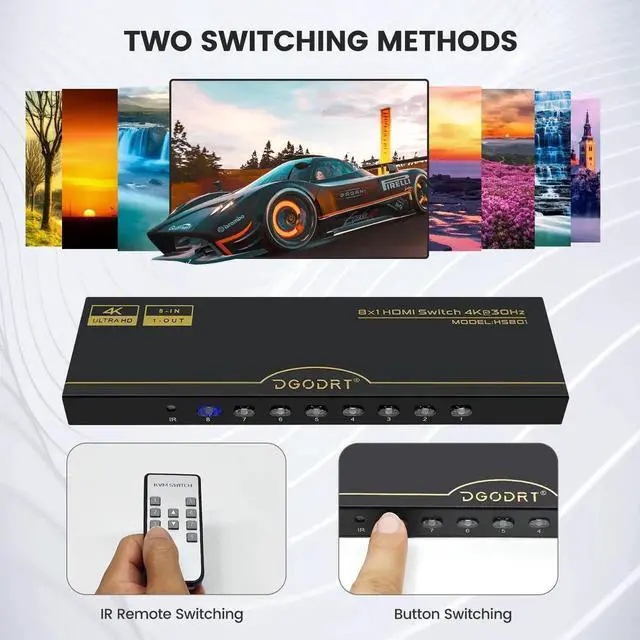 Alt view image 5 of 6 - 8×1 HDMI Switch 8 in 1 Out, 8Port 4K HDMI Switcher Selector Box with IR Remote, Supports 4K@30Hz HDR HDCP 3D 1080P, Compatible with Xbox PS4 PC Laptop