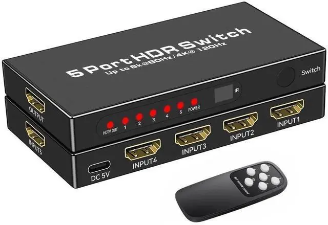 Main image of 5in1Out 8K HDMI 2.1 Switch with Remote Control, 8K@60Hz 4K@120Hz 48Gbps HDMI Switcher Selector, Supports HDR10+ Dolby Vision Atmos HDCP 2.3 CEC, Compatible with PS5 Xbox Series X TV Box Game PC Rok