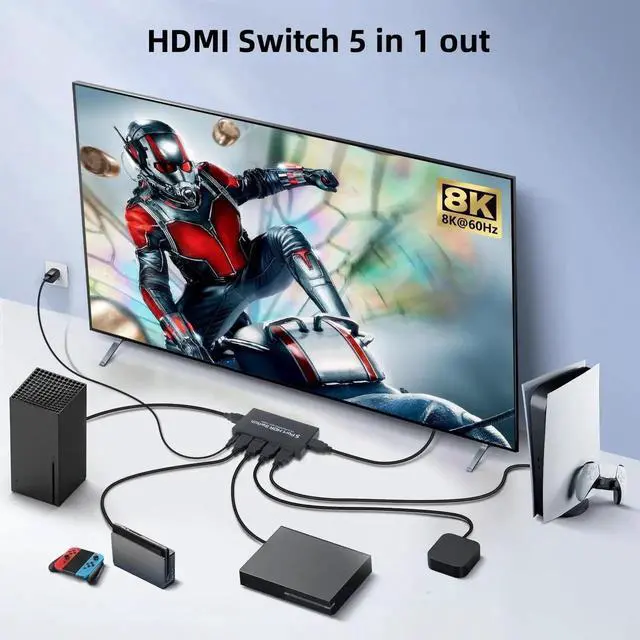Alt view image 2 of 7 - 5in1Out 8K HDMI 2.1 Switch with Remote Control, 8K@60Hz 4K@120Hz 48Gbps HDMI Switcher Selector, Supports HDR10+ Dolby Vision Atmos HDCP 2.3 CEC, Compatible with PS5 Xbox Series X TV Box Game PC Rok