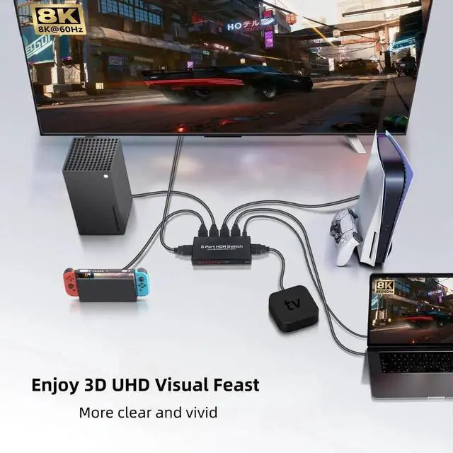 Alt view image 6 of 7 - 5in1Out 8K HDMI 2.1 Switch with Remote Control, 8K@60Hz 4K@120Hz 48Gbps HDMI Switcher Selector, Supports HDR10+ Dolby Vision Atmos HDCP 2.3 CEC, Compatible with PS5 Xbox Series X TV Box Game PC Rok
