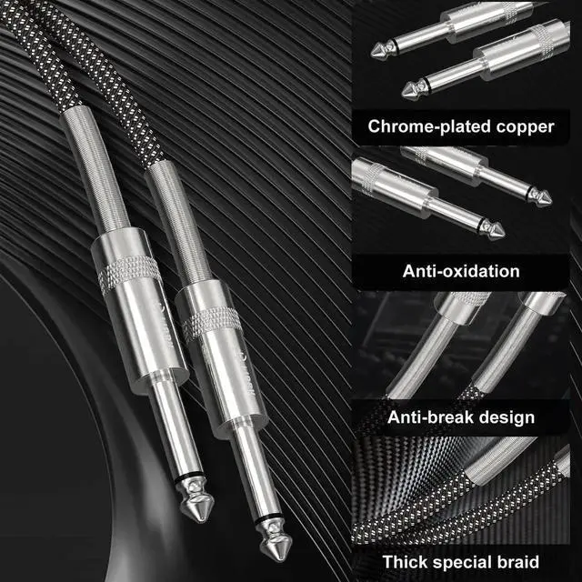 Alt view image 6 of 7 - FIBBR 3FT2Pack Guitar Instrument Cables, 1/4 Inch TS StraighttoStraight Electric Guitar Bass AMP Cords, Nylon Braided Black Pro Audio Cables for Guitar Bass Mandolin Keyboard