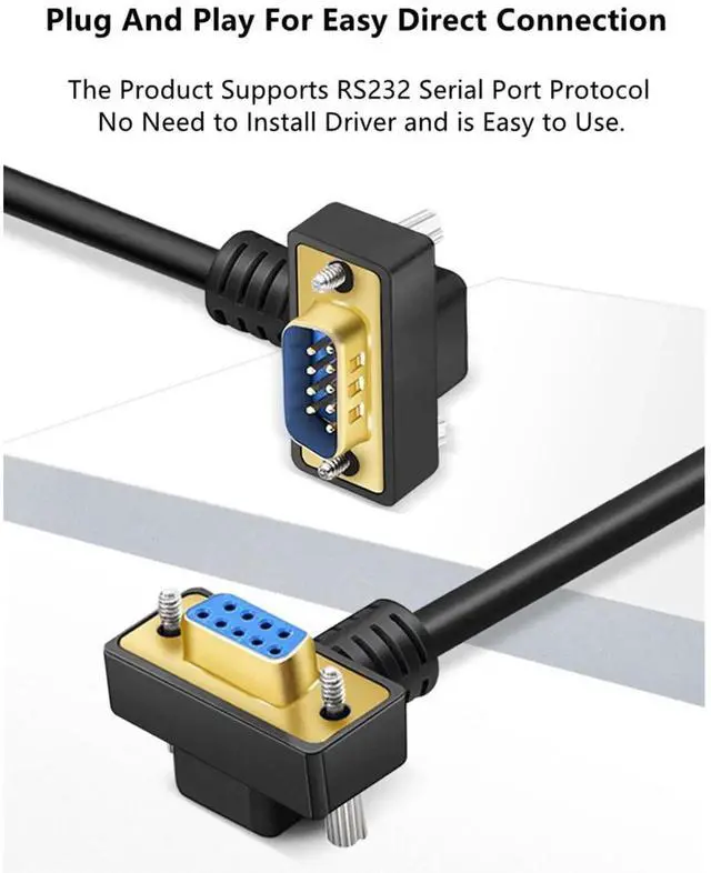 Alt view image 3 of 7 - 2M RightAngle Down DB9 RS232 Serial Cable, 9Pin GoldPlated Male to Female COM Port Connection Cord