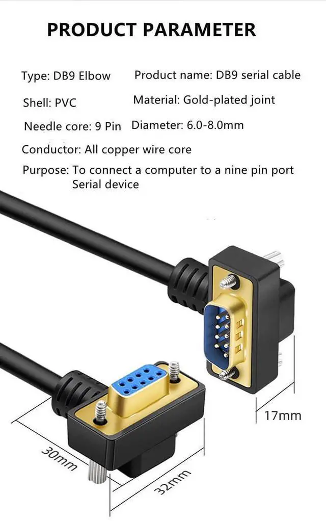 Alt view image 7 of 7 - 5M RightAngle Down DB9 RS232 Serial Cable, 9Pin GoldPlated Male to Female COM Port Connection Cord