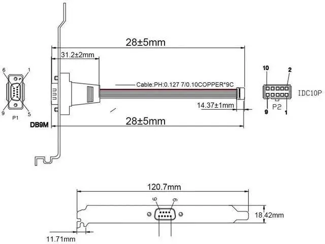 Alt view image 5 of 7 - 2Pack DB9 to 10Pin IDC Serial Flat Ribbon Cable, RS232 9Pin Male DSUB to 10Pin IDC Female Motherboard Header Adapter with 12cm Metal Bracket, 11 Inch