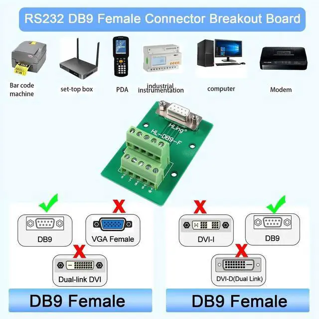 Alt view image 2 of 6 - RS232 DB9 Female Solderless Breakout Board, DB9 Female to Terminal Block Adapter, Serial Test Module for DB9 Communication Prototyping & Troubleshooting