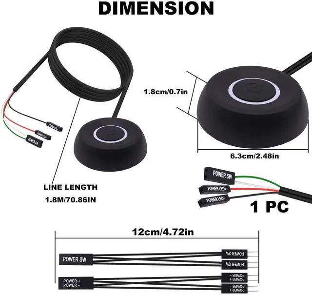 Alt view image 4 of 7 - 1.8M /5.9FT Black External PC Power Button Switch, Desktop Motherboard Remote Start Extension Cord with LED Indicator Light