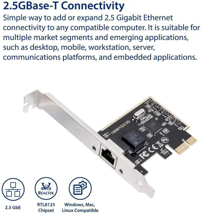 Alt view image 2 of 6 - 2.5 Gigabit Ethernet PCIE Network Interface Card, 10/100/1000/2500Mbps RJ45 LAN Adapter, Model SIPEX24059