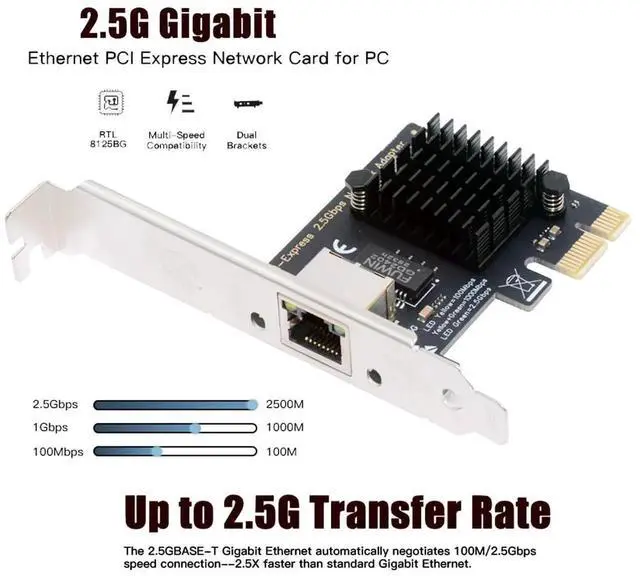 Alt view image 2 of 7 - 2.5Gbps 2500Mbps to PCIE 1X Ethernet Adapter, Gigabit 1000Mbps LAN Cable Converter for Desktop Motherboard