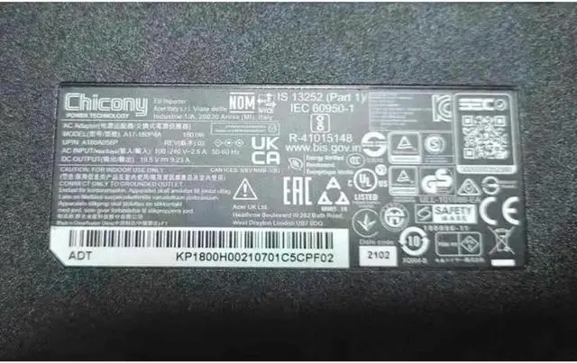 Alt view image 2 of 3 - 180W 19.5V 9.23A AC Adapter Charger Replacement for Chicony A17-180P4A A180A056P, 5.5x1.7mm DC Plug Compatible with Acer Nitro AN515-55 Predator Gaming Laptop Power Supply