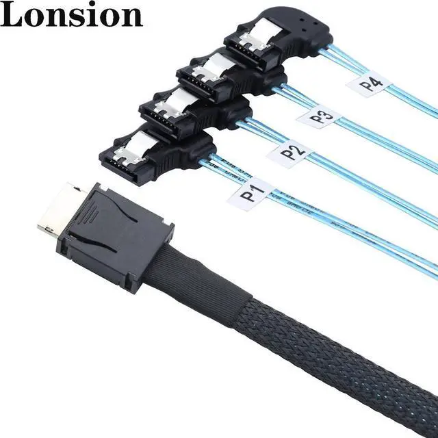 Alt view image 7 of 7 - 50CM OCuLink PCIe SAS SFF-8611 4i to 4 Ports 7Pin SATA Right Angle Data Cable (Left bend)