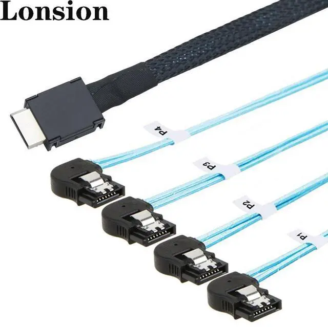 Alt view image 5 of 7 - 50CM OCuLink PCIe SAS SFF-8611 4i to 4 Ports 7Pin SATA Right Angle Data Cable (Left bend)