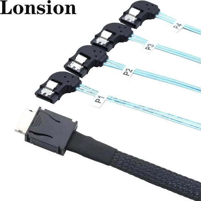 Alt view image 6 of 7 - 50CM OCuLink PCIe SAS SFF-8611 4i to 4 Ports 7Pin SATA Right Angle Data Cable (Left bend)