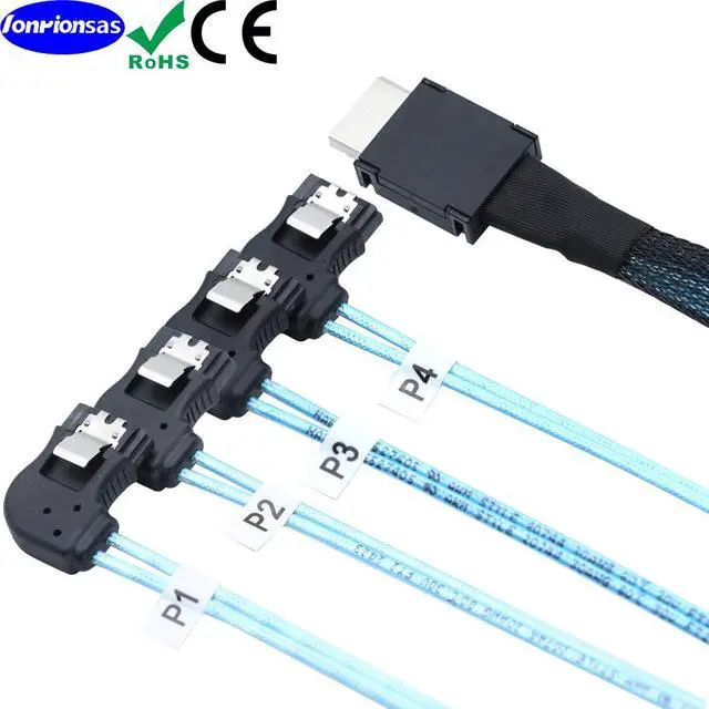 Alt view image 2 of 5 - 50CM OCuLink PCIe SAS SFF-8611 4i to 4 Ports 7Pin SATA Right Angle Data Cable (right turn)