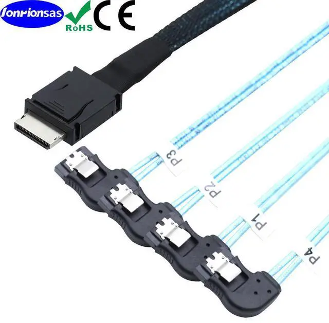Alt view image 4 of 5 - 50CM OCuLink PCIe SAS SFF-8611 4i to 4 Ports 7Pin SATA Right Angle Data Cable (right turn)