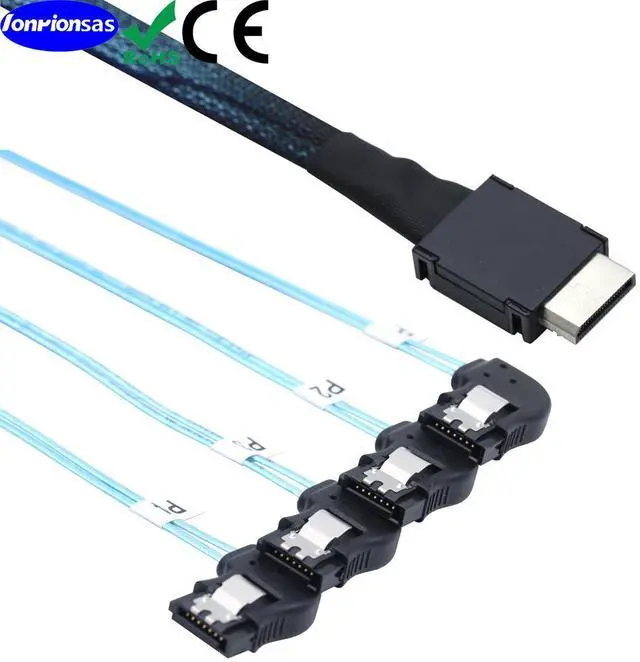 Alt view image 3 of 5 - 50CM OCuLink PCIe SAS SFF-8611 4i to 4 Ports 7Pin SATA Right Angle Data Cable (right turn)