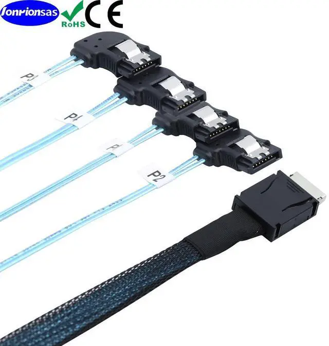 Alt view image 5 of 5 - 50CM OCuLink PCIe SAS SFF-8611 4i to 4 Ports 7Pin SATA Right Angle Data Cable (right turn)