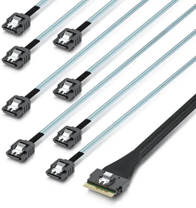 Alt view image 2 of 3 - 1M SlimSAS SFF-8654 8i to 8 SATA Fanout Cable, SAS4.0 PCIe4.0 Breakout Splitter Cord for Server RAID HBA Card, Connect 8 SATA SSD HDD Storage Hard Drive Cable (39.4 Inch)